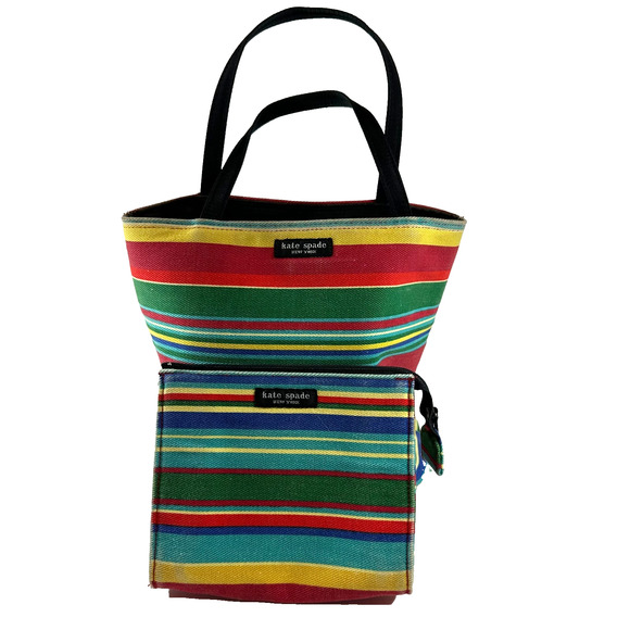 Vintage 90s Kate Spade Canvas Rainbow Striped Bag Purse Footed Bottom Coin Purse - Picture 1 of 16